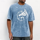 T-shirt vintage streetwear con stampa vichinga lupo fenrir valknut runica bussola mitologia norrena lavaggio acido da uomo, manica corta girocollo casual abbigliamento quotidiano abbigliamento firmato