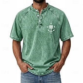 abordables Винтаж и ретро-SoftFade™ Men's Demin Shirt 100% Cotton Acid Wash Shirt Henley Top Short Sleeve Vintage Distressed Casual Home Street Summer Spring Black Pink Light Green Gray Light Blue Stand Collar Henley
