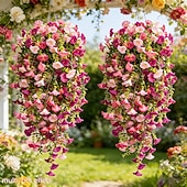 abordables Fleurs artificielles-Lot de 2 ou 4 guirlandes de liserons artificiels réalistes (maille 69) à suspendre – fleurs artificielles roses et rouge rosé, résistantes aux UV, idéales pour la décoration intérieure et extérieure,