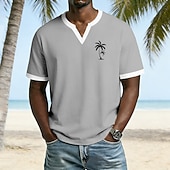baratos Magliette tropicali da vacanza-Camiseta masculina de manga curta com estampa de palmeiras, estilo tropical, para praia, em tecido waffle cinza, modelagem regular, ideal para férias e atividades ao ar livre. Disponível nos tamanhos