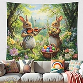 cheap Wall Tapestries-Easter Cute Bunnies Playing Violin Spring Garden Colorful Eggs Basket Flowers Oil Painting Style Wall Tapestry Wall Hanging Living Room Kids Bedroom Home Decor Party Backdrop