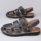 abordables Sandalias casuales-Sandalias de cuero negras con correa ajustable para hombre: transpirables, ligeras, cómodas para exteriores y uso informal de verano.