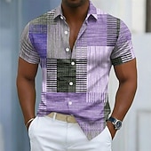 voordelige Geometrisch patroon-Men's Geometric Color Block Patchwork Shirt Button Up Shirt Casual Dress Shirt Short Sleeve Fashion Casual Streetwear Vacation Spring Fall Turndown 3D Print Collared Shirts Blue Purple Green Khaki