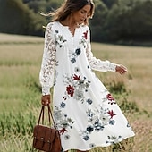 cheap Print Floral Dresses-Women's A Line Dress Print Dress Fashion Modern Casual Outdoor Vacation Daily Regular Fit Pure Color Long Sleeve V Neck White Pink Red Blue Summer Spring