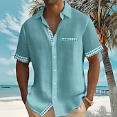 preiswerte Geometrische Muster-Herren Geometrisch Karo / Karomuster Hemd Sommerhemd Knopfhemd Kurzarm Modisch lässig Täglich Strandurlaub Sommer Umlegekragen 3D-Druck Eine Tasche vorne Leinenähnliches Hemd Blau Blaugrün Weiß Grau