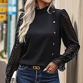 voordelige Effen Blouses-Dames Overhemd Blouse Netstof Knop Effen Kleur Elegant Modieus Dagelijks Lange mouw Opstaand Normale tops Streetwear Kantoor Werk Zwart Zomer Lente Herfst Winter