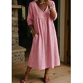 economico Abiti Falsi Essenziali-Abito Midi da Donna in 100% Cotone Abito a Finta Lino Abito all Aline Abito Estivo Vacanza Festa Casual Giornaliero Ufficio Spiaggia Vestibilità Larga Semplice Maniche Corte Collo a V Blu Chiaro Nero