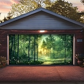 preiswerte Garage- und Türbanner-Zauberwald, Magie, leuchtend grüne Bäume, Sonnenlicht, Nebel, Teich, Naturlandschaft, Garagentorbanner, Wandbild, Garten, Hausfassade, Partykulisse