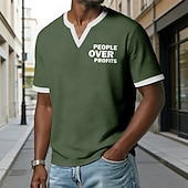  Herren-T-Shirt mit Aufdruck „Menschen vor Profiten“, marineblau, Waffelstrick, V-Ausschnitt, Kurzarm, Grafikprint, normale Passform, lässige Alltagskleidung, Designer-Bekleidung, Größen: S, M, L, XL,