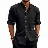 economico Classico-Per uomo Camicia Camicia di lino Camicia Estiva Abbigliamento da spiaggia Camicia con colletto alla coreana Camicia con Bottoni Semplice Casuale Vacanza Blu Nero Bianco Cachi Manica Lunga Colletto a