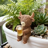 זול פסלי גן ופסלים-פסלוני שרף של פרה היילנד עם כוסות שתייה, תוספות חמודות לעציצים, פסל צפרדע משרף, מושלם לקישוט עציצים, גינות, אקווריומים וטרסות