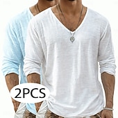  Camiseta de lino para hombre, 2 piezas, manga larga, cuello en V, verano, primavera &Conjunto de 2 piezas liso para verano, color liso, para uso diario, estilo urbano, informal, para exteriores, color
