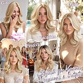 お買い得  トレンドの合成ウィッグ-ショートウェーブブロンドウィッグ - 肩までの長さのウェーブブロンドウィッグ（女性用） - 顔周りを縁取るカーテンバング付きの、柔らかく自然な見た目の合成繊維を使用した、ゆるやかなウェーブのレイヤードショートウィッグ（デイリーパーティー用）