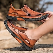 abordables Sandalias casuales-Mocasines casuales de verano de piel sintética para hombre: diseño recortado transpirable, suela flexible y ligera, cómodos para playa, resort, viajes y uso diario.