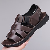ieftine Sandale de vacanță-Sandale bărbătești din piele maro, model pescar, cu vârful închis și croială deschisă, pantofi de mers casual cu cataramă reglabilă, pentru purtare zilnică, călătorii, timp liber în aer liber, vacanțe de vară și confort smart casual