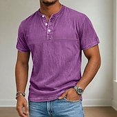 cheap Casual Henley Tee-Men's Henley Shirt 100% Cotton Acid Wash Shirt Short Sleeve Henley Summer Spring Fall Plain Retro Vintage Casual Vintage Style Washed Casual Light Blue Dark Brown Black Top Tee for Men