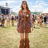 preiswerte Outfits-Set Retro Vintage 1970er Kleid Kopfschmuck Zubehör langarm Hippie Disco Fransen Blumen Kostüm Damen Halloween Karneval Musikfestival Retro-Mottoparty Erwachsene Kleid Kopfschmuck Weitere Accessoires