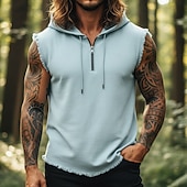 cheap Tank Tops-Men's Linen Shirt Tank Top Vest Undershirt Sleeveless Hooded Summer All Seasons Plain Fashion Streetwear Sporty Quarter Zip Casual Gym Street Pink Top Tee for Men