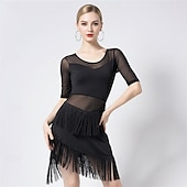 baratos Vestidos de Prática-Vestido de dança feminino vermelho com franjas e patchwork em tule.