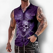 preiswerte Vintage Hemd-Herren Gothic-Horror Kreuz Totenkopfe Hemd Knopfhemd Ärmelloses Shirt Ärmellos Dunkler Gothic-Stil Outdoor Lässig Sommer Frühling Umlegekragen 3D-Druck Zwei Fronttaschen Blau Schwarz Purpur Braun