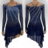 preiswerte Eiskunstlaufkleider-Eiskunstlaufkleid Damen Eislaufen Kleid Marineblau Patchwork Asymmetrischer Saum Dehnbar Training Wettbewerb Eiskunstlaufkleidung Klassisch Kristall / Strass Langarm Eislaufen Eiskundstlauf