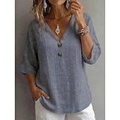  Femmes Chemises effet lin Chemisier Chemise en faux lin Boutons Couleur Unie Quotidien Élégant Basique Manche 3/4 Col en V Hauts Réguliers Quotidien Bleu Blanche Jaune Vert Gris Été Printemps Automne