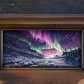 cheap Garage &amp; Door Banners-Northern Lights Aurora Borealis Winter Mountain Snowy Pine Forest Starry Night Sky Frozen River Garage Door Banner Outdoor Wall Decor Holiday Mural Christmas Decoration Backdrop