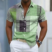voordelige Geometrisch patroon-Men's Geometric Color Block Patchwork Shirt Button Up Shirt Casual Dress Shirt Short Sleeve Fashion Casual Streetwear Vacation Spring Fall Turndown 3D Print Collared Shirts Blue Purple Green Khaki