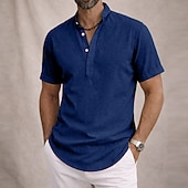 economico Classico-Per uomo Camicia Camicia di lino Camicia popover Camicia Estiva Abbigliamento da spiaggia Camicia con colletto alla coreana Semplice Casuale Quotidiano Blu Nero Bianco Giallo Manica Corta Collo alla