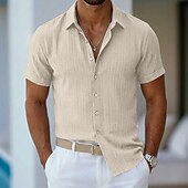 cheap Men's Button Up Shirts-Men's Shirt Summer Shirt Casual Shirt Beach Shirt Button Up Shirt Navy Blue Short Sleeve Plain Lines / Waves Lapel Casual Streetwear Clothing Apparel Fashion Casual Comfortable Smart Casual