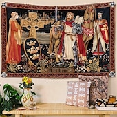 abordables Tapisseries murales-Tapisserie murale médiévale représentant le roi Arthur, un chevalier, avec le texte d'Arthur, une croix celtique et un écu royal. Tissu vintage à suspendre, idéal pour une bibliothèque, un garage