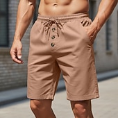 cheap Holiday-Men's Shorts Linen Shorts Summer Shorts Beach Shorts Drawstring Elastic Waist Buttons Plain Solid Comfort Breathable Knee Length Daily Outdoor Beach Vacation Fashion Black White Inelastic