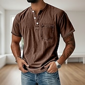 cheap Casual Henley Tee-Men's Henley Shirt 100% Cotton Acid Wash Shirt T shirt Tee Short Sleeve Solid Retro Vintage Casual Vintage Style Washed Henley Casual Summer Spring Fall Black Pink Light Green Henley T-Shirt