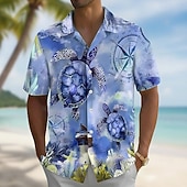 abordables Impresión del océano-Hombre Brújula tortugas Criaturas del mar camisa hawaiana Abotonar la camisa Manga Corta Hawaiano Vacaciones Ropa de playa Verano Primavera Cuello Vuelto Impresión 3D camisas con cuello Azul Piscina