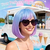 cheap Party Wigs-Blue Purple Ombre Bob Wig with Bangs, Colorful Short Funny Bob Wigs Cosplay Hairpieces for Halloween Costume Party Heat Temperature Synthetic Fiber for Women Men