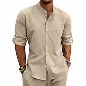 economico Classico-Per uomo Camicia Camicia di lino Camicia Estiva Abbigliamento da spiaggia Camicia con colletto alla coreana Camicia con Bottoni Semplice Casuale Vacanza Blu Nero Bianco Cachi Manica Lunga Colletto a