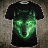economico Magliette con stampa animale-Maglietta da uomo con occhi luminosi al neon, volto di lupo alfa, stile cyberpunk fantasy, stampa all-over, vestibilità regolare, maniche corte, girocollo, abbigliamento casual streetwear, taglie S,