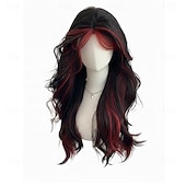 baratos Perucas de anime-Peruca longa ondulada com franja, em tom preto natural com mechas verdes. &amp;Peruca sintética gótica lolita para cosplay, com risca ao meio e resistente ao calor, ideal para uso diário e festivais.