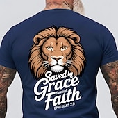  Herren-T-Shirt mit Löwenkopf-Motiv „Errettung durch Gnade und Glauben“ (Epheser 2,8). Christliches, religiöses und inspirierendes Motiv. Normale Passform. Alltagstauglich. Designer-Kleidung. Größen: