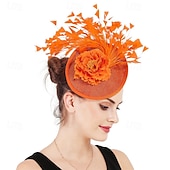 baratos Fascinadores-Fascinadores Linho Casamento Vintage Estilo bonito Retro Com Penas Flor Capacete Chapéu