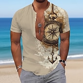 abordables Camisa vintage-Hombre Náutico Ancla Brújula Camisa Camisa de manga corta Camisa con cuello mao Manga Corta retro de la vendimia Casual Diario vacaciones en la playa Verano Primavera Sin Cuello Impresión 3D Azul