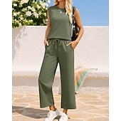 abordables Survêtements-Femmes Ensembles de survêtements à enfiler Survêtement 2 pièces Tenues de détente Cordon de serrage avec poche Couleur Unie Ensemble de vêtements de sport Été Printemps Bleu marine Noir Entraînement