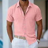 cheap Men's Button Up Shirts-Men's Shirt Summer Shirt Casual Shirt Beach Shirt Button Up Shirt Navy Blue Short Sleeve Plain Lines / Waves Lapel Casual Streetwear Clothing Apparel Fashion Casual Comfortable Smart Casual