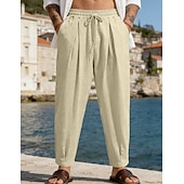 baratos Feriado-Homens Calças de linho Calça verão Calças de praia Com Cordão Bolsos Tecido Confortável Respirável Comprimento total Diário Casa Ao ar livre Férias Simples Preto Branco Sem Elasticidade