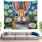 cheap Wall Tapestries-Easter Cute Bunnies Playing Violin Spring Garden Colorful Eggs Basket Flowers Oil Painting Style Wall Tapestry Wall Hanging Living Room Kids Bedroom Home Decor Party Backdrop
