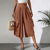 cheap Wide Leg &amp; High Waisted-Women's Trousers Capri Pants Casual Pants Summer Pants Elegant Fashion Casual Daily Calf-Length High Waist Solid Color Plain Layered Wide Leg Elastic Waistband Comfort Lightweight Soft Inelastic