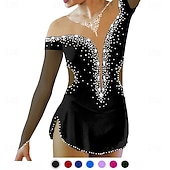 cheap Figure Skating Dresses-Figure Skating Dress Women's Girls' Ice Skating Dress Black Red Blue Mesh Spandex High Elasticity Training Practice Competition Skating Wear Crystal / Rhinestone Long Sleeve Ice Skating Figure Skating