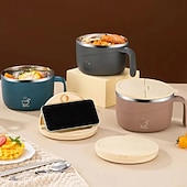 billige Kjøkkenoppbevaring-304 rustfritt stål nudelskål med lokk og håndtak, 1200 ml ramenskål med stor kapasitet, dobbeltvegget skåldingssikker suppeskål, bærbar matbeholder for studenthjem, kontor, hjemmebruk