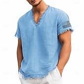 cheap Vacation Tropical T Shirts-Men's American Flag Sleeve Printed Linen Cotton Blend V-Neck T-Shirt Raw Edge Summer USA Patriotic Beach Tee Frayed Soft Fashion Designer Top S-3XL