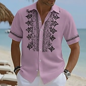 baratos Padrão étnico-Men's Geometric Pattern Ethnic Shirt Button Up Shirt Short Sleeve Vintage Retro Daily Outdoor Vacation Summer Spring Turndown 3D Print Linen Like Shirt Blue Yellow Sky Blue Purple Khaki